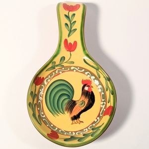 Rooster folk art red tulip hand painted spoon rest
